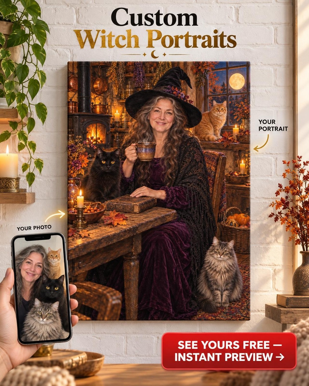 Cozy Witch and Her Cats Custom Portrait from Photo | Personalized Cat Family Gift