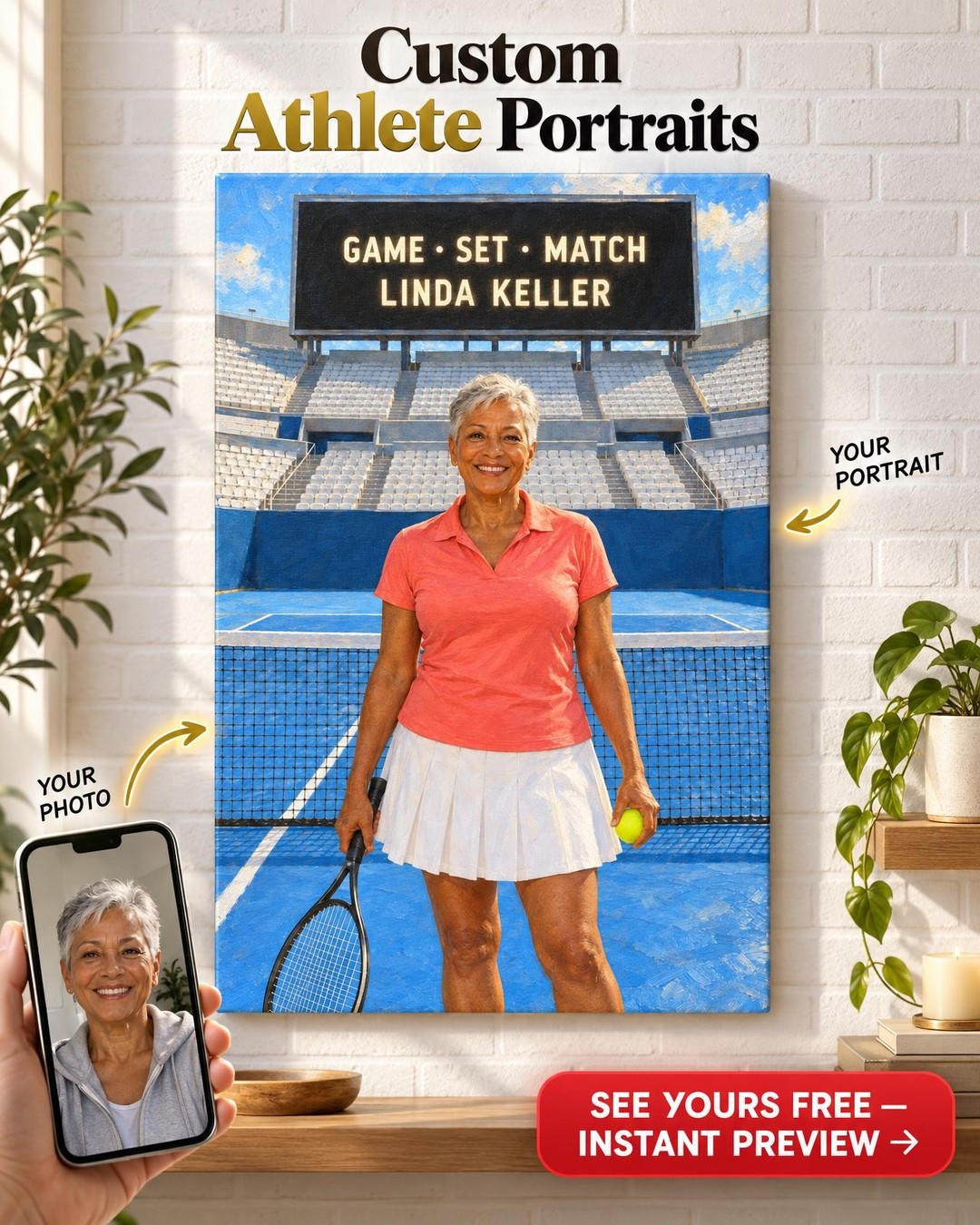 Tennis Scoreboard Name Custom Portrait from Photo | Personalized Gift for Her