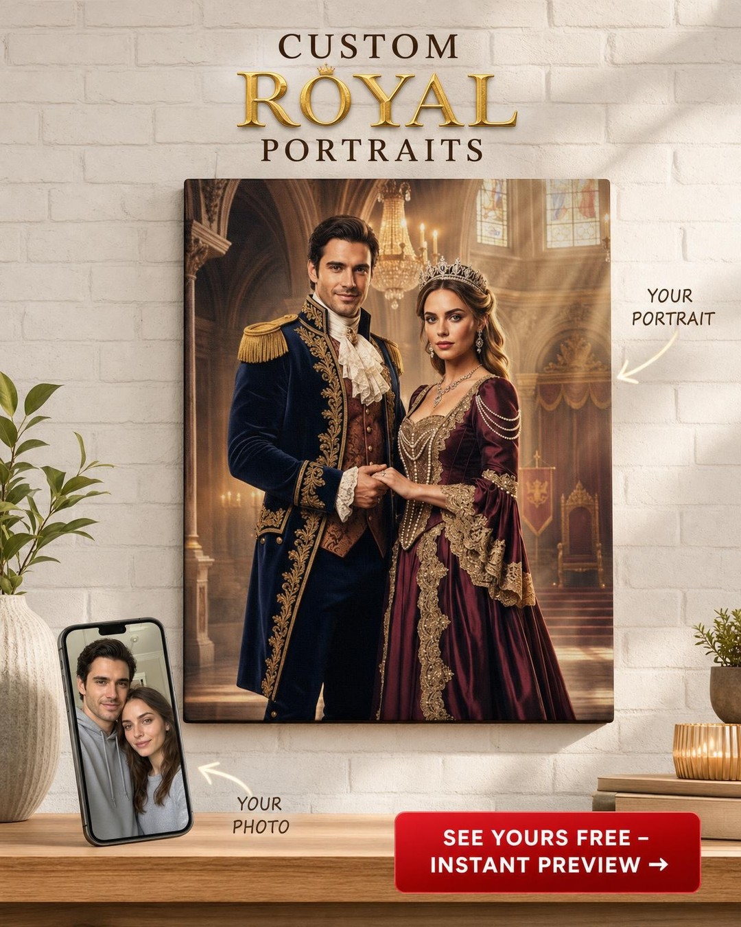 Custom Royal Couple Portrait — Romantic Throne Canvas from Photo