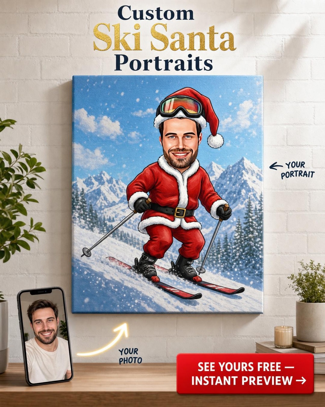 Custom Christmas Man Portrait — Festive Santa Ski Canvas from Photo
