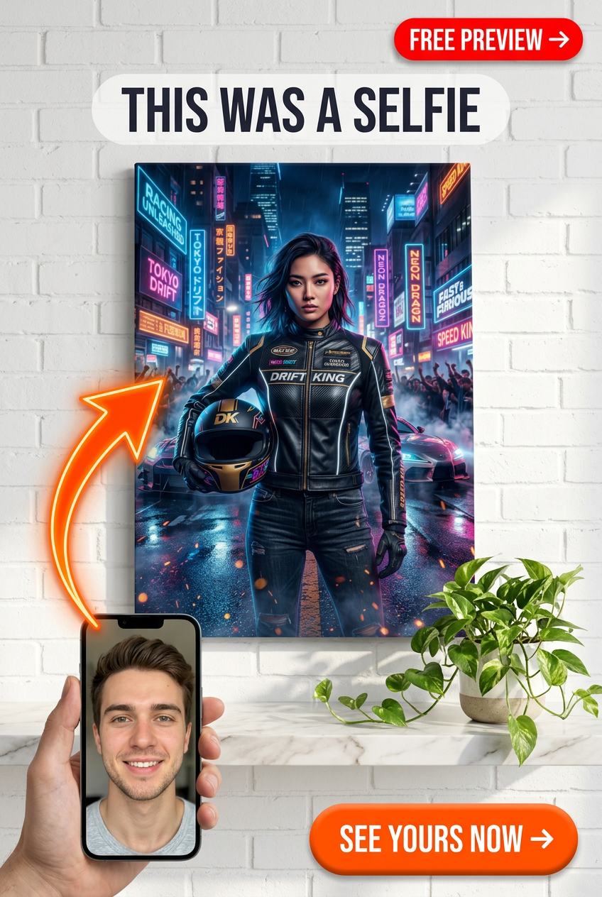 Custom Cyberpunk Man Portrait — Heroic Neon Racer Canvas