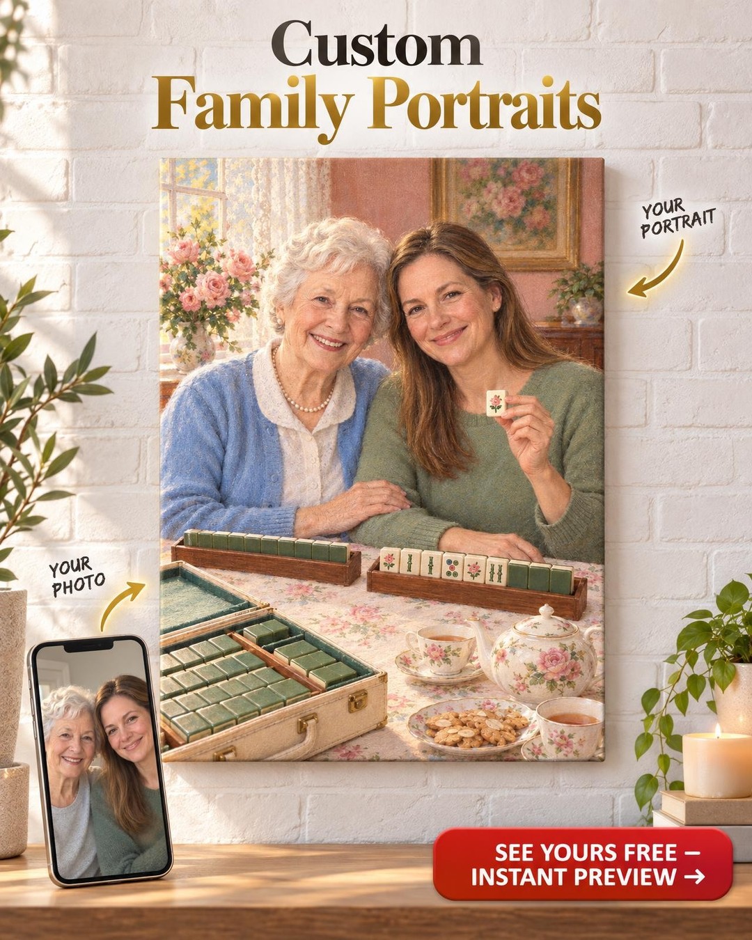 Mother and Daughter Mahjong Custom Portrait from Photo | Personalized Mahjong Portrait Gift