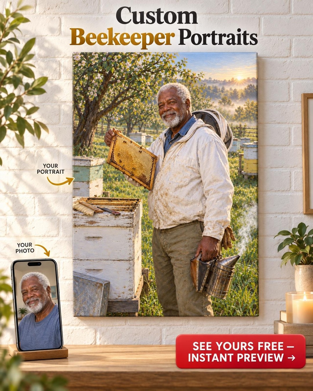 Old Beekeeper Custom Portrait from Photo | Personalized Beekeeping Gift