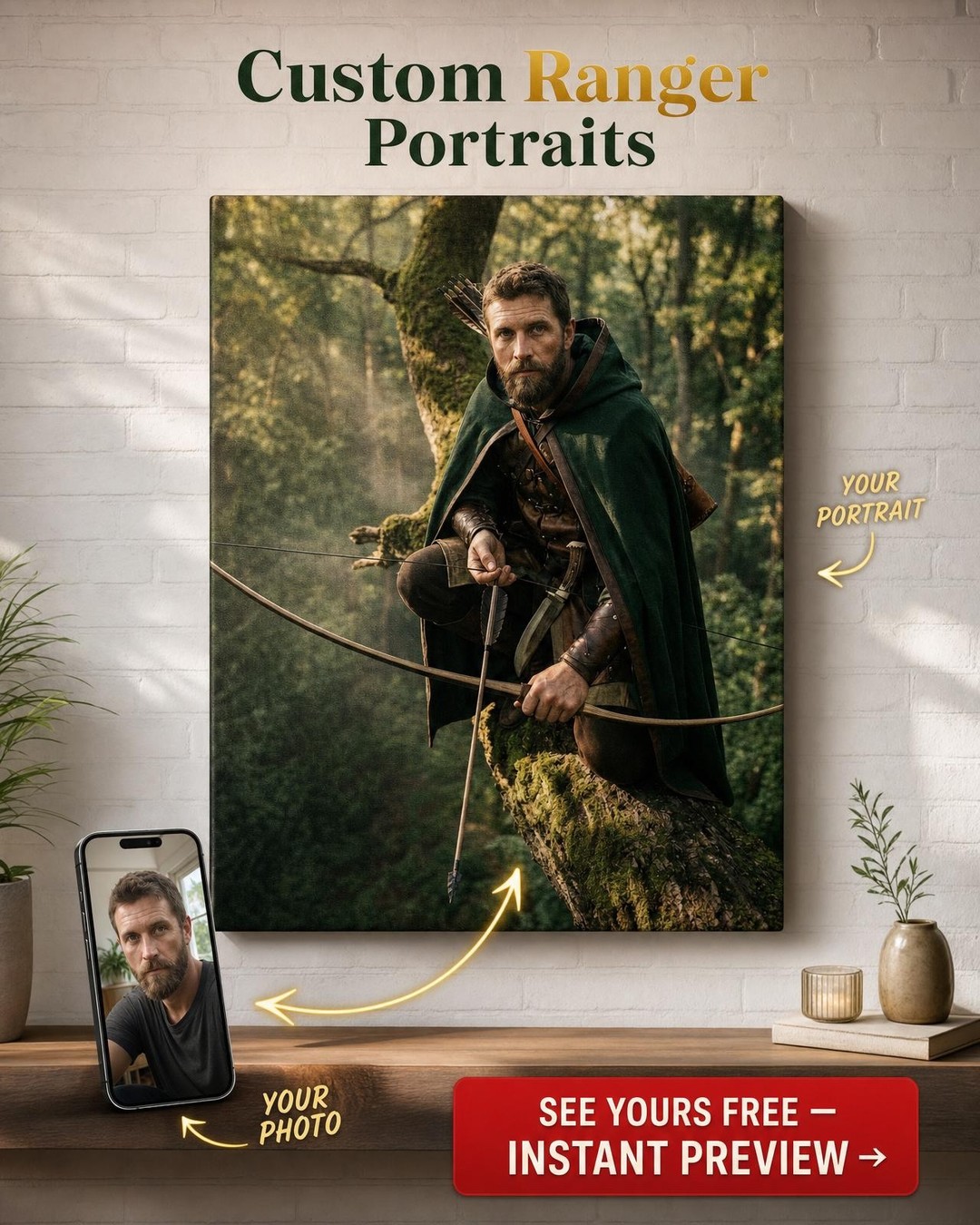 Custom Medieval Man Portrait — Heroic Archer Canvas from Photo