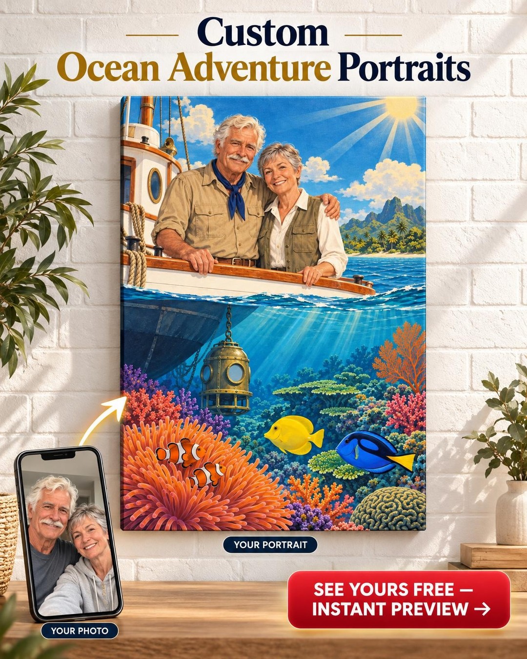 Reef Expedition Vintage Poster Custom Portrait from Photo | Personalized Reef Aquarium Gift
