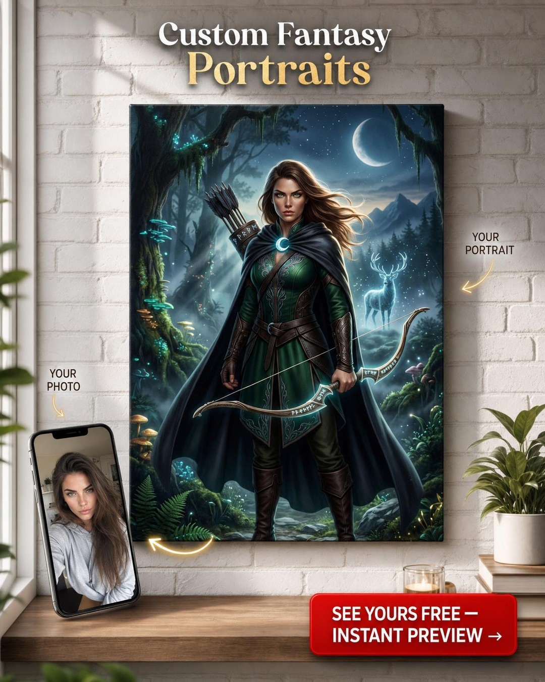Custom Fantasy Man Portrait — Heroic Archer Canvas Gift for Her