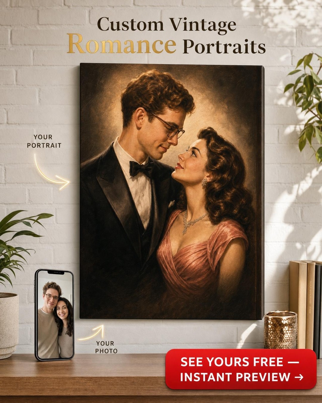 Custom 1940s Hollywood Glamour Couple Portrait from Photo | Personalized Gift