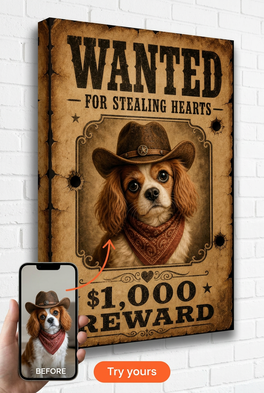 Custom Wanted Poster — Rustic Pet Portrait Canvas from Photo