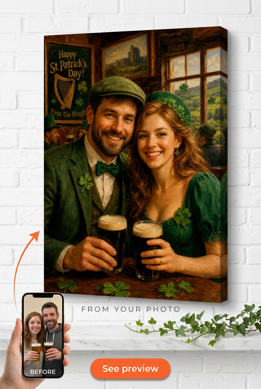 Custom Cultural Couple Portrait — St. Patrick's Day Pub Celebration from Photo