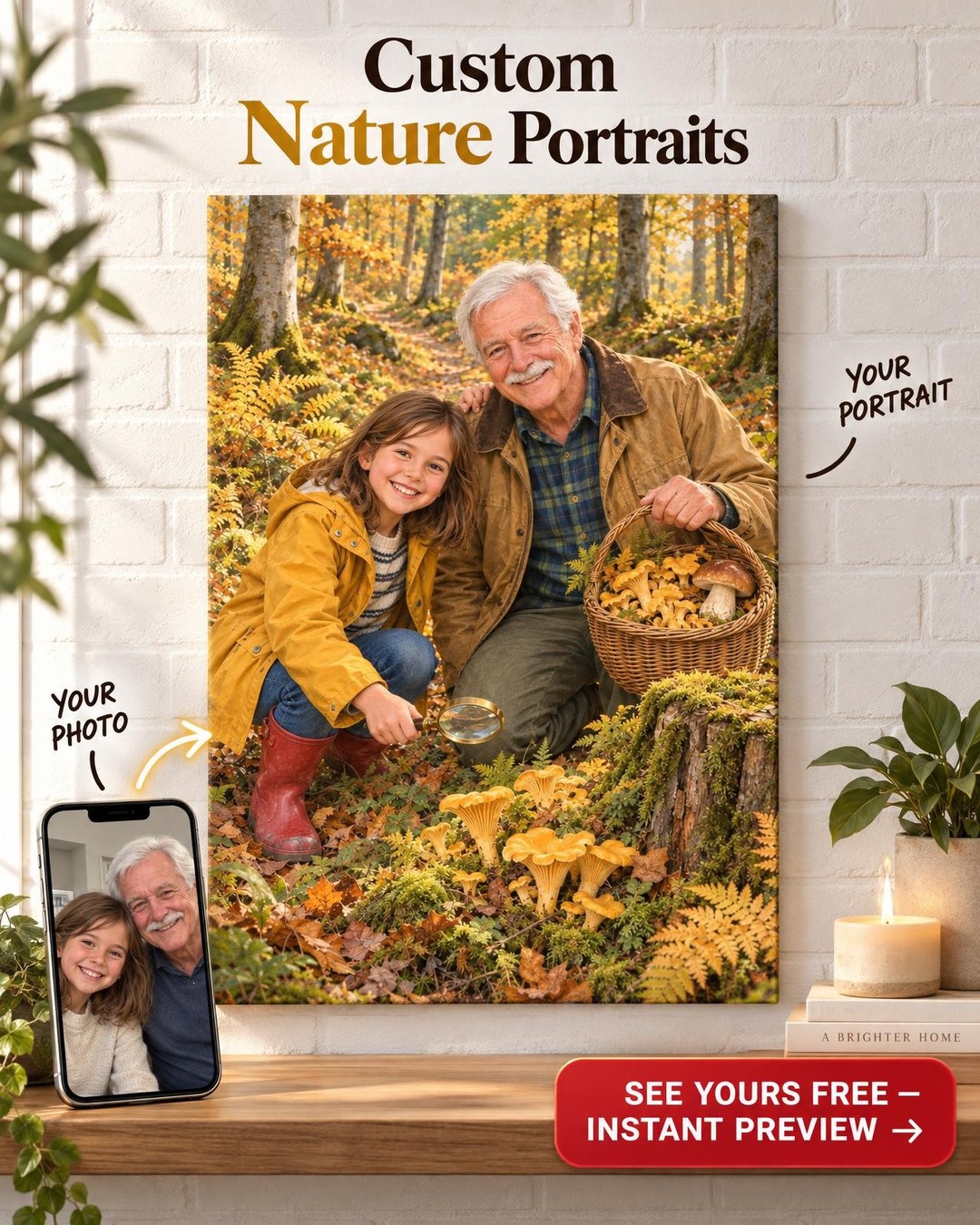 Little Forager Custom Portrait from Photo | Personalized Mushroom Foraging Gift