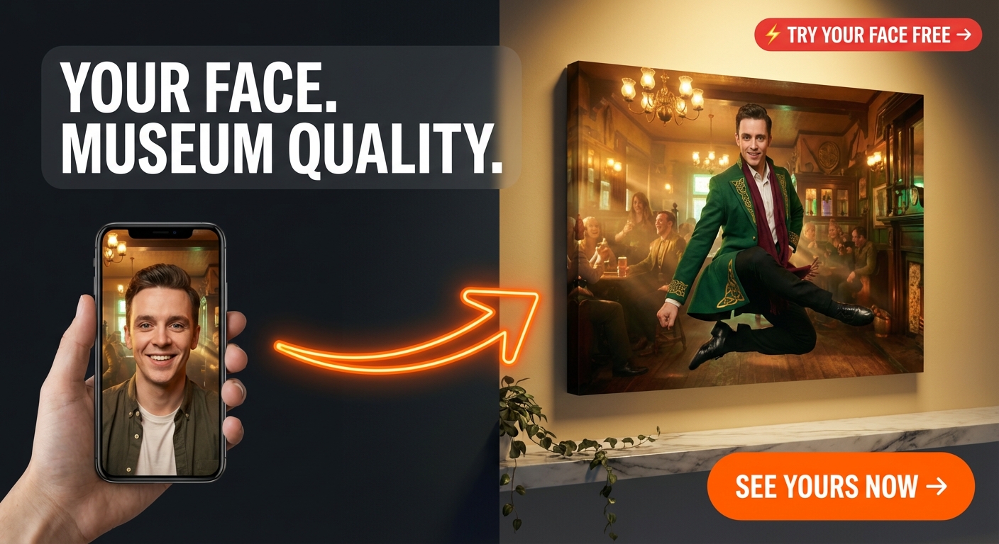 Custom Irish Man Portrait — Whimsical Bar Scene Canvas