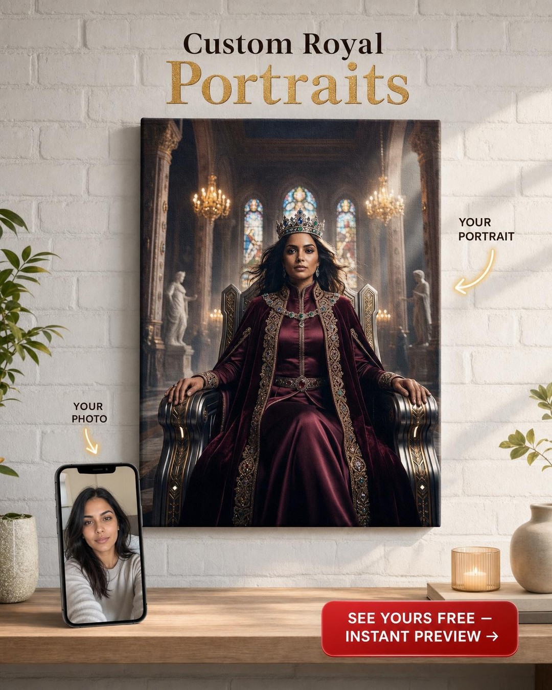Custom Royal Woman Portrait — Regal Crown & Throne Canvas