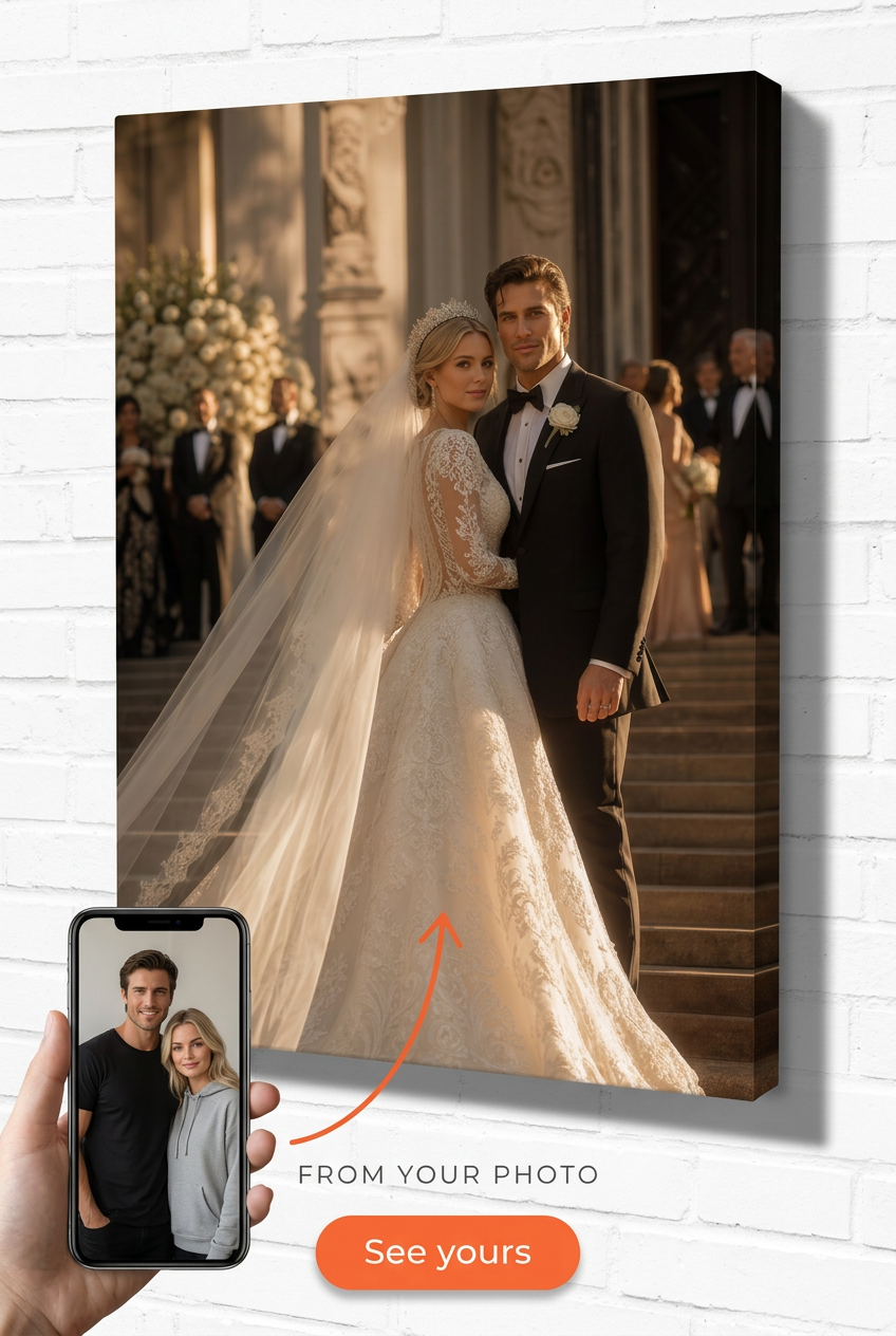 Custom Wedding Couple Portrait — Regal Crown & Veil Canvas