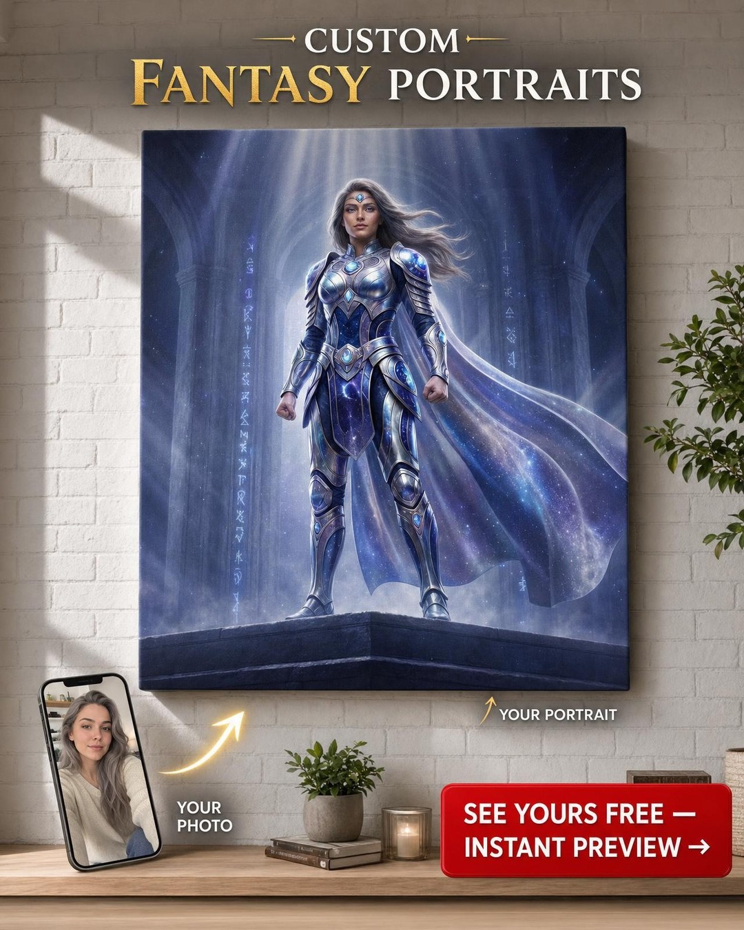 Custom Sci-Fi Woman Portrait — Regal Armor & Heroic Pose Canvas