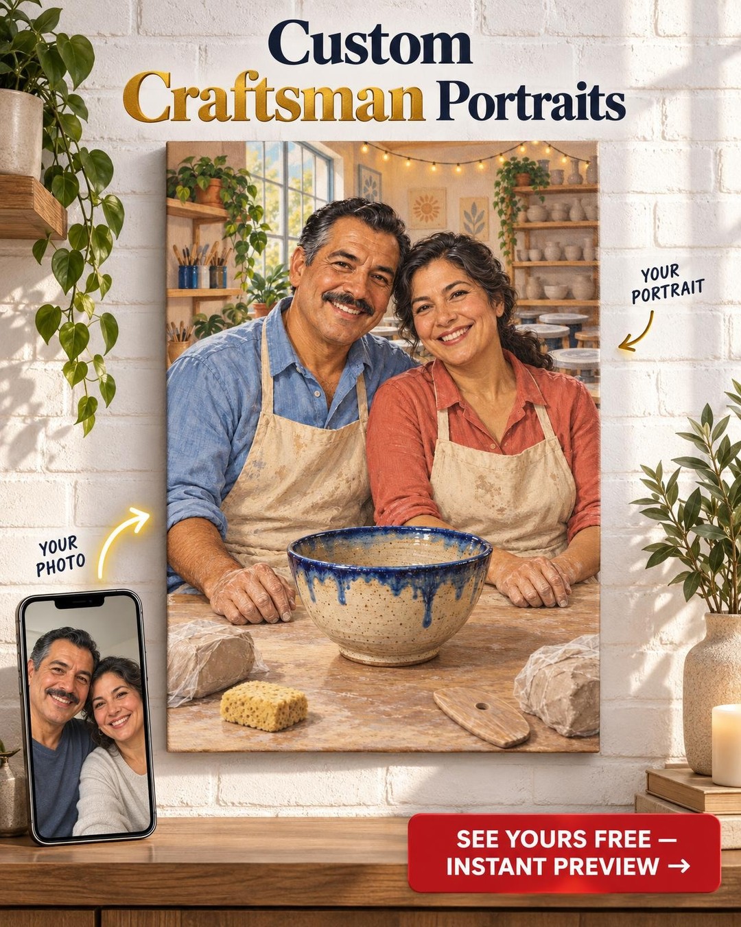 Pottery Date Night Couple Custom Portrait from Photo | Personalized Pottery Portrait Gift