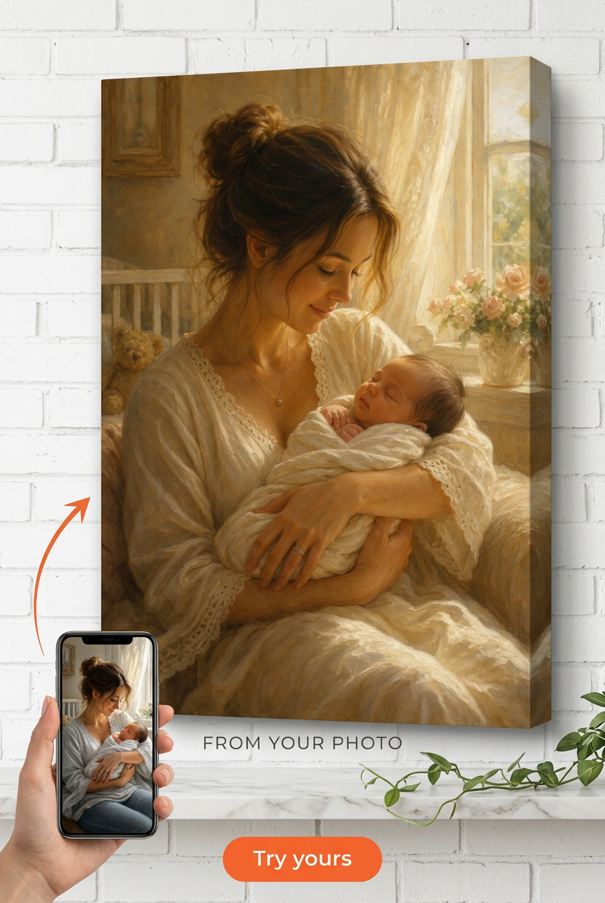 Gift for New Mom — Tender Motherhood Moment Canvas from Photo