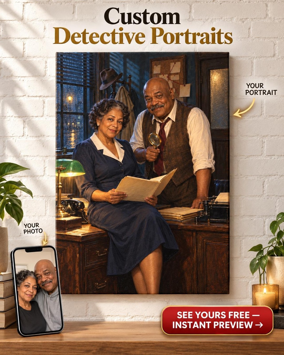 Private Detective Office Custom Portrait from Photo | Personalized Film Noir Gift