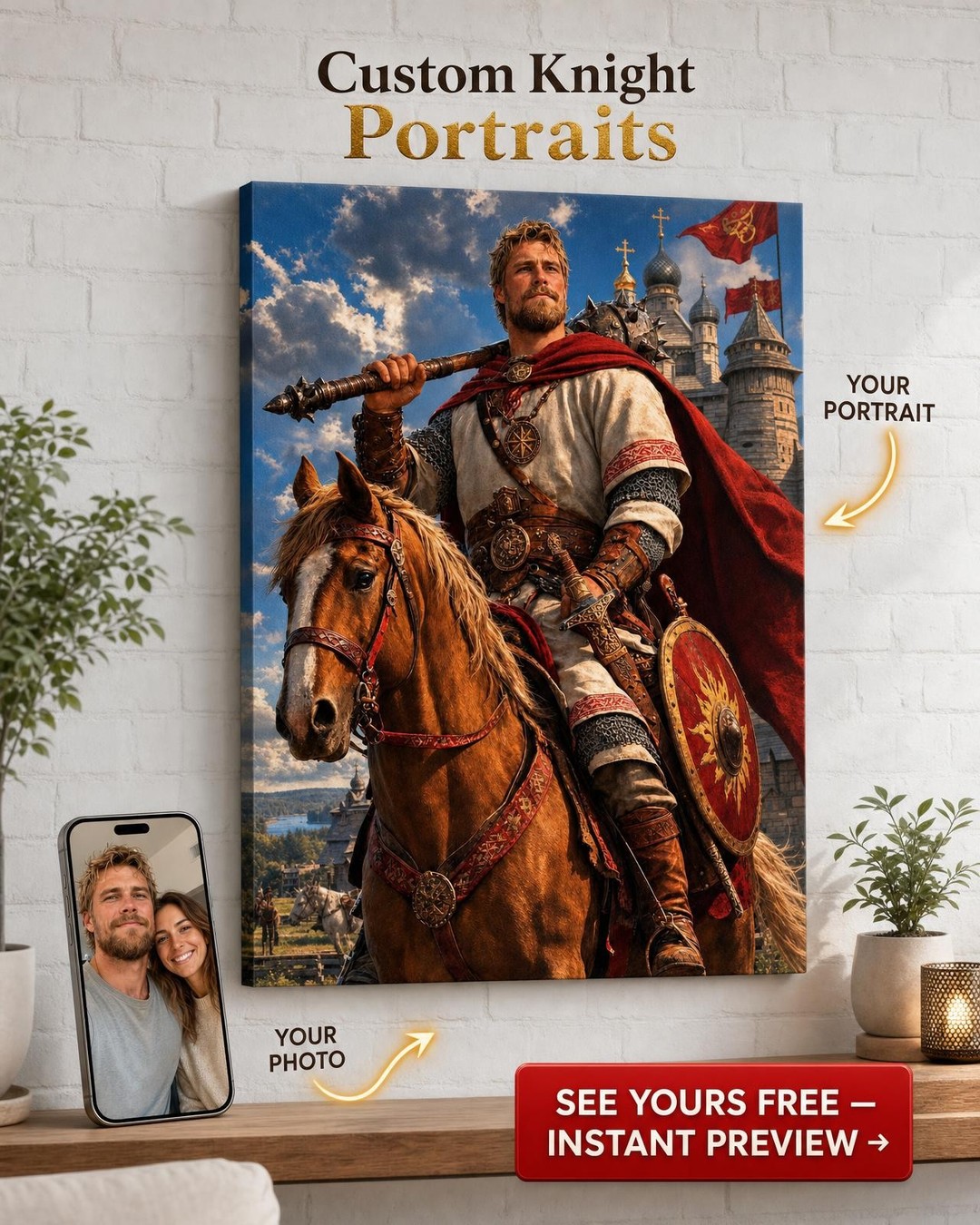 Royal Knight on Horseback Custom Portrait from Photo | Personalized Gift