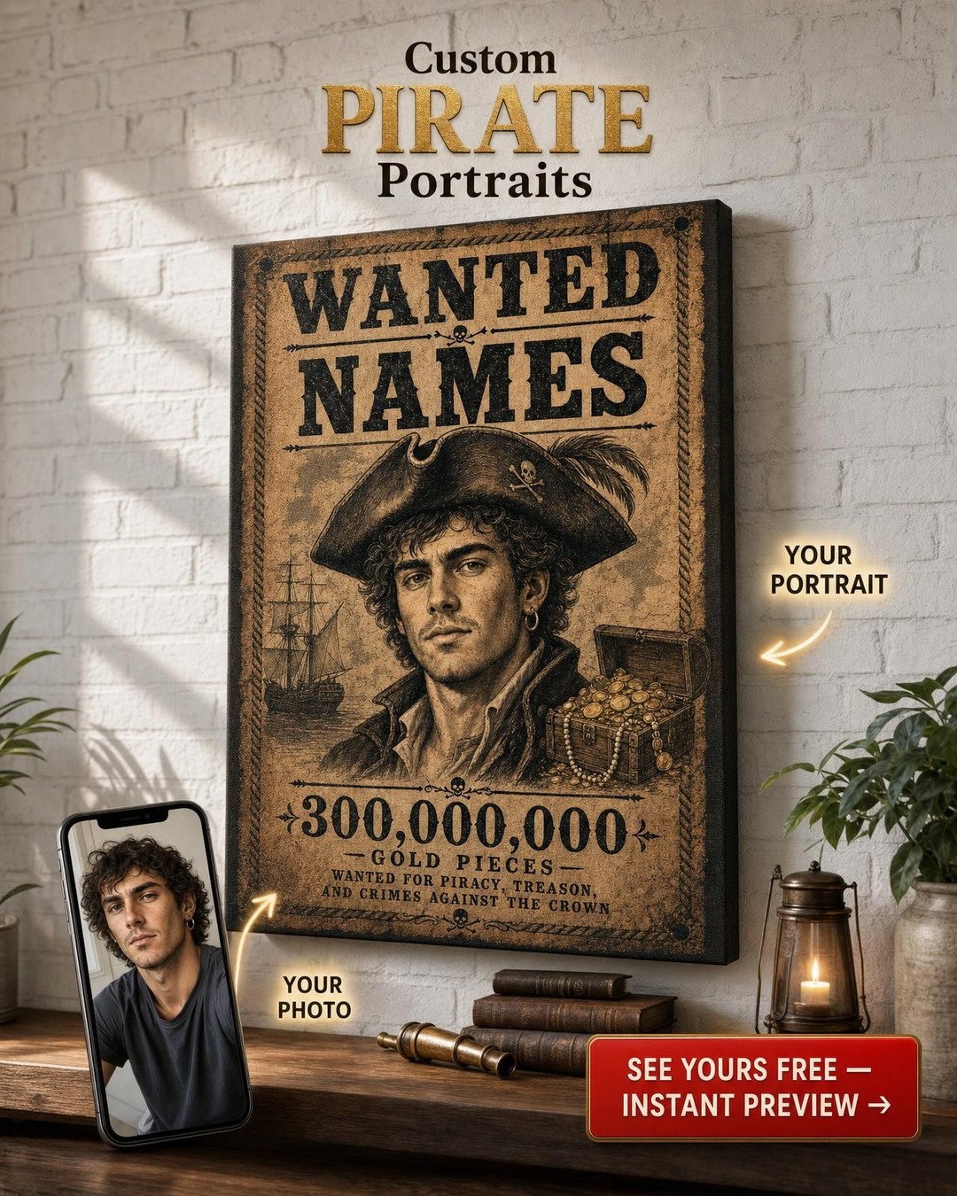 Pirate Bounty Wanted Poster Custom Portrait from Photo | Personalized Canvas Gift