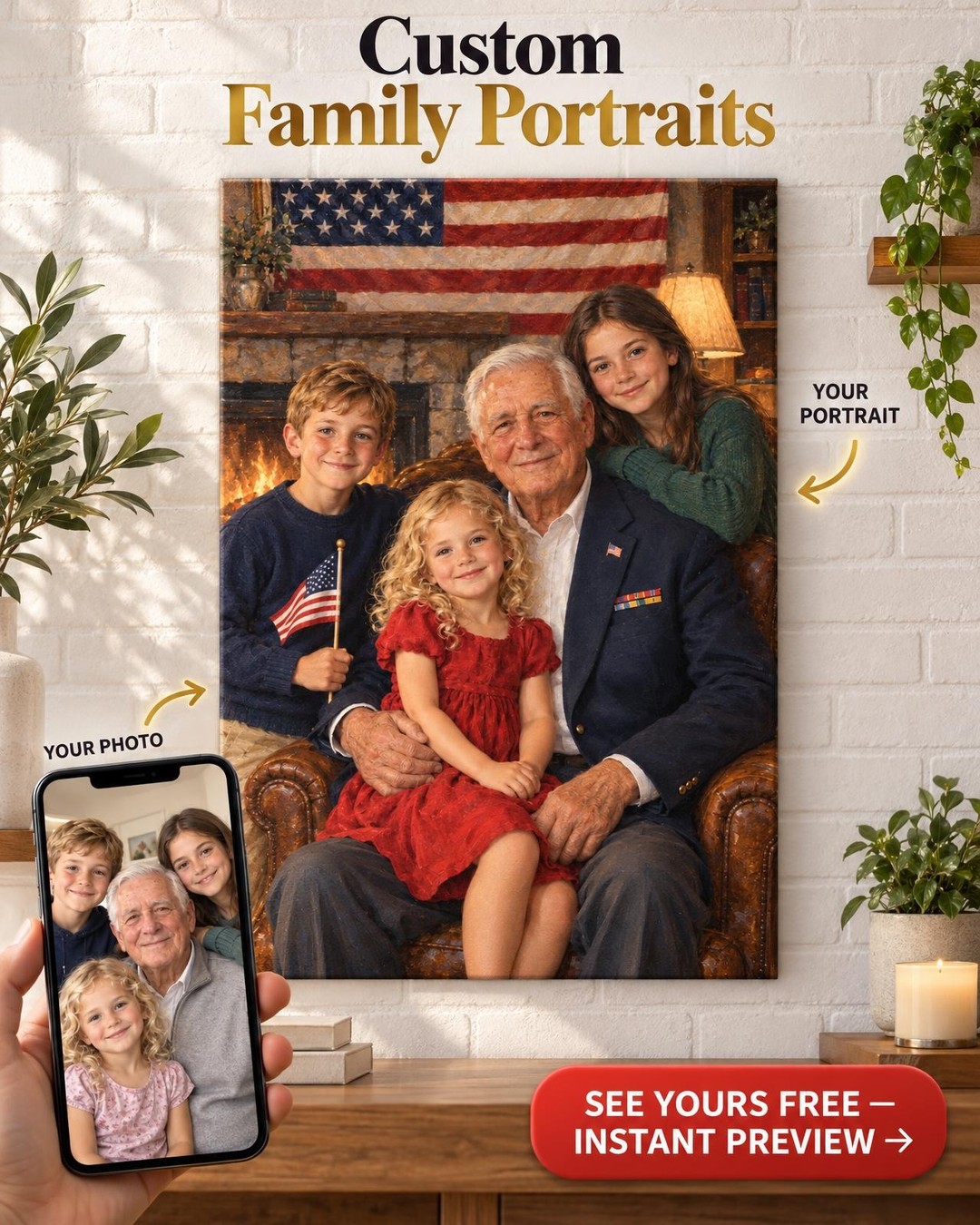 Veteran Grandpa and Grandkids Custom Portrait from Photo