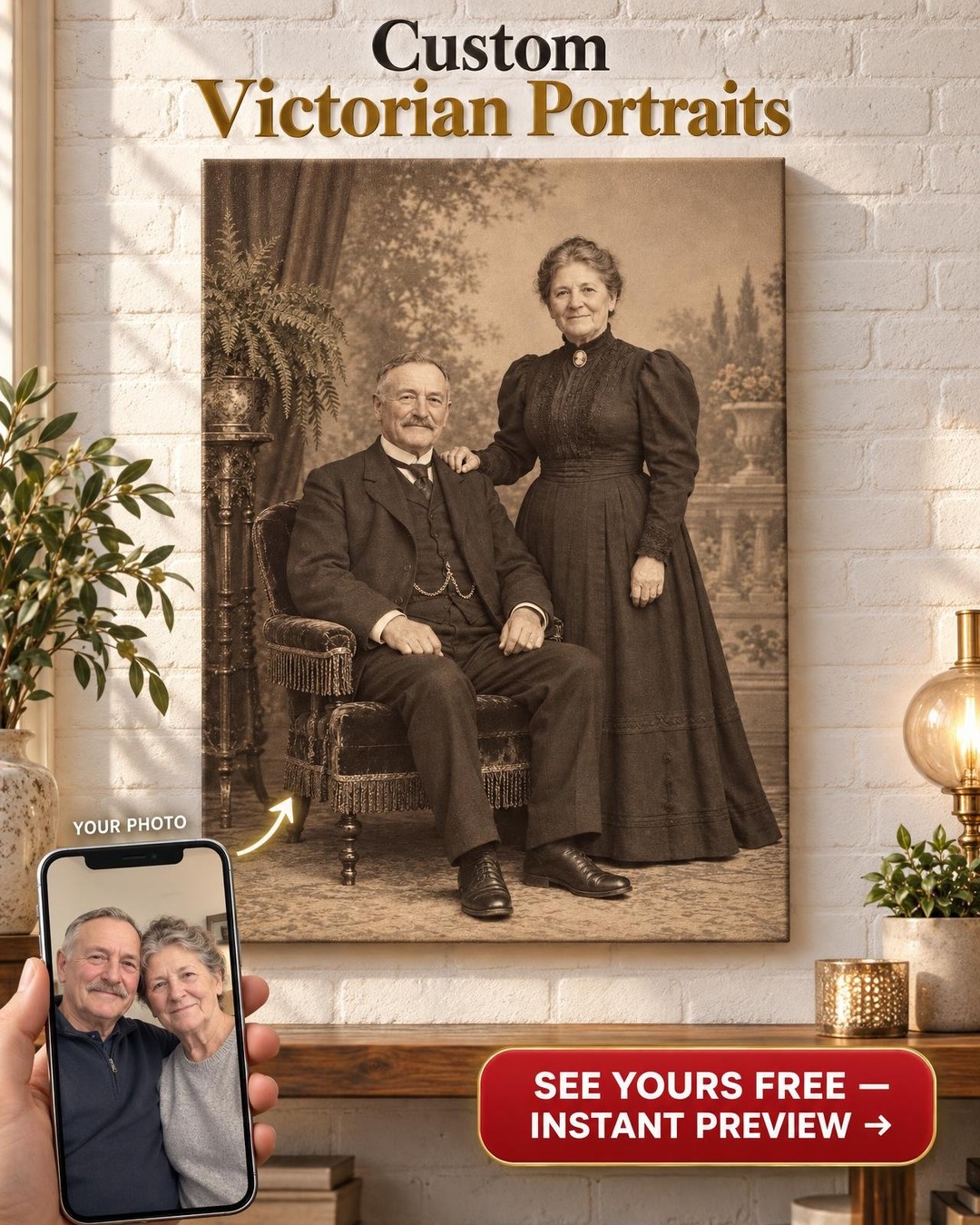 1890s Cabinet Card Couple Custom Portrait from Photo | Personalized Antique Shop Gift