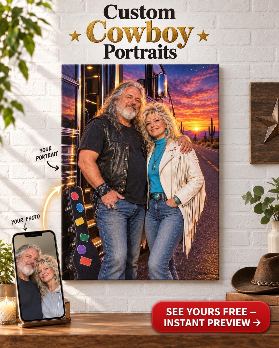 On the Road Rock Couple Custom Portrait from Photo | Personalized Musician Portrait Gift