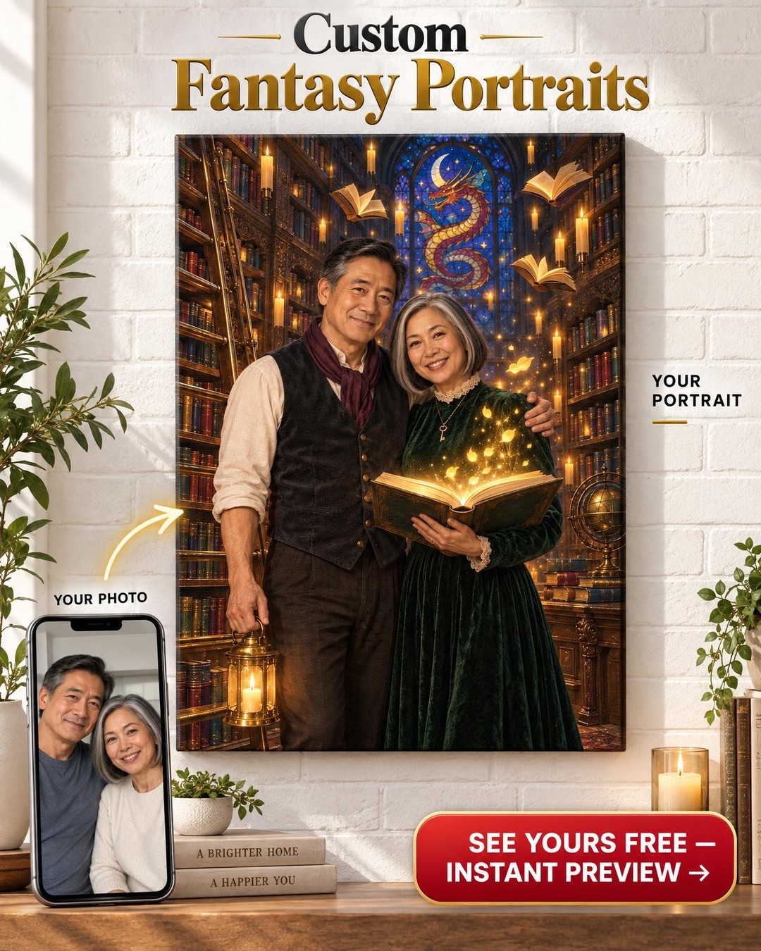 Enchanted Library At Midnight Custom Portrait From Photo | Personalized Romantasy Gift