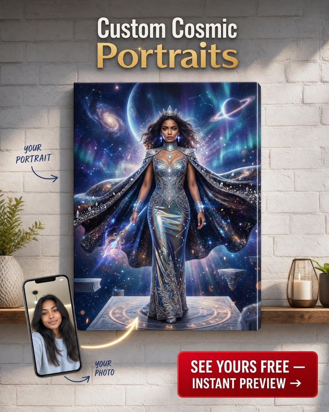 Custom Fantasy Portrait for Woman — Heroic Galaxy Canvas from Photo