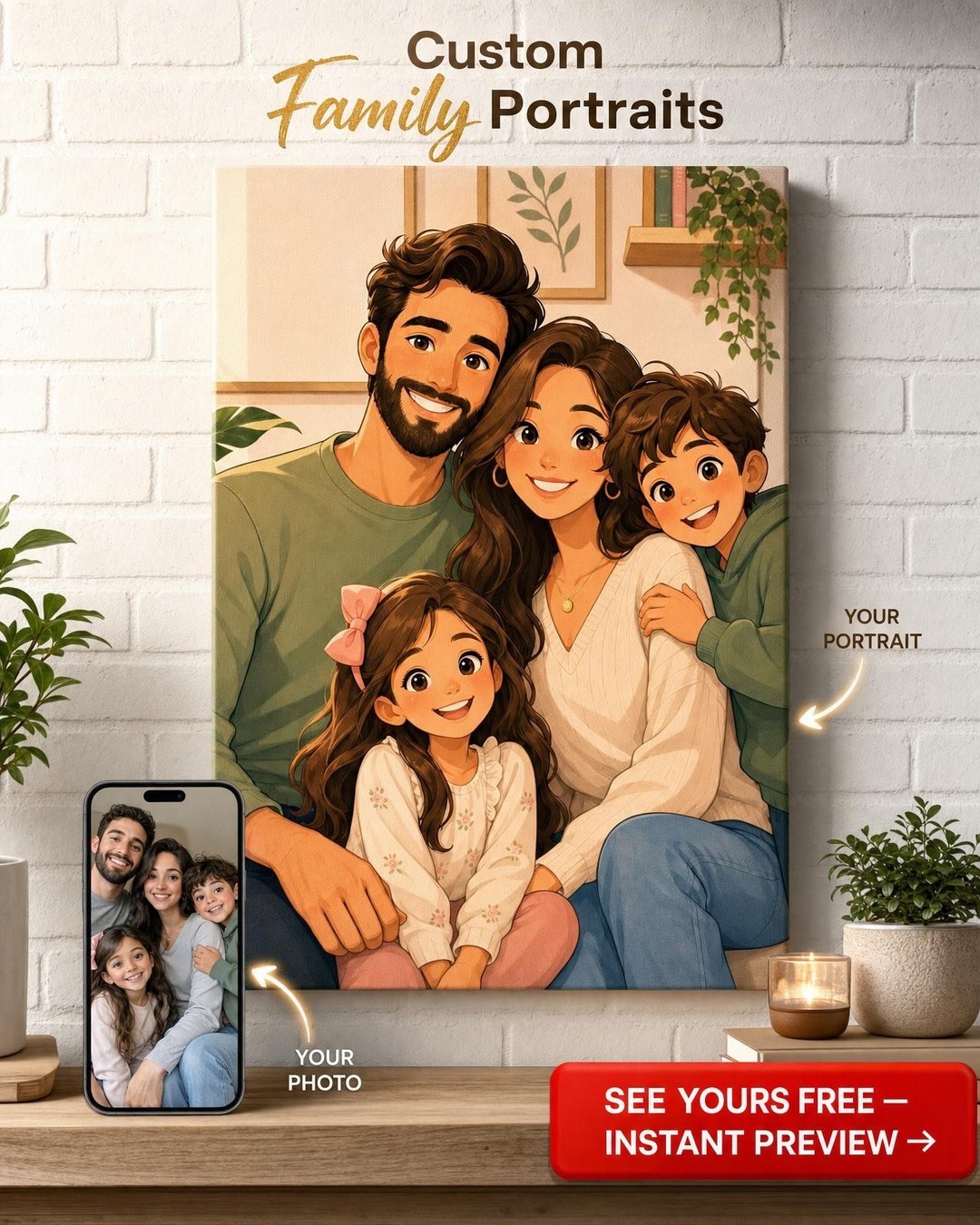 Custom Cartoon Family Portrait — Whimsical Canvas from Photo