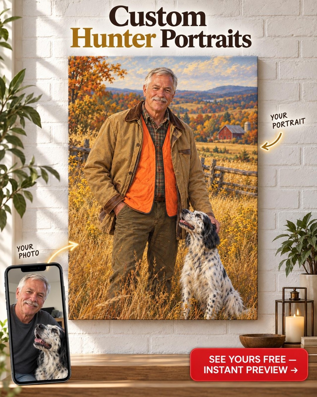 Him and His Bird Dog Custom Portrait from Photo | Personalized Hunting Camp Gift
