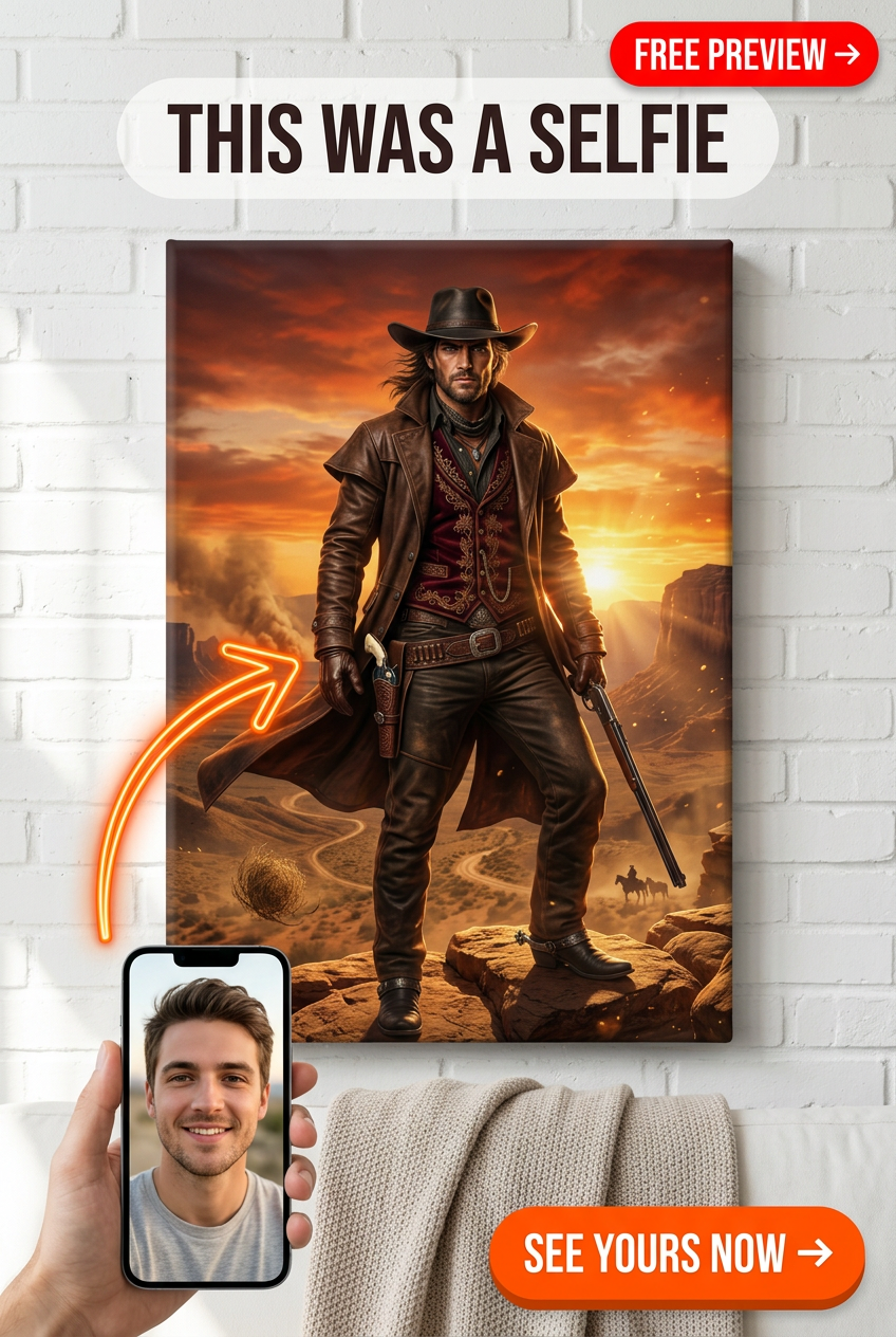 Custom Cowboy Man Portrait — Heroic Wild West Canvas from Photo