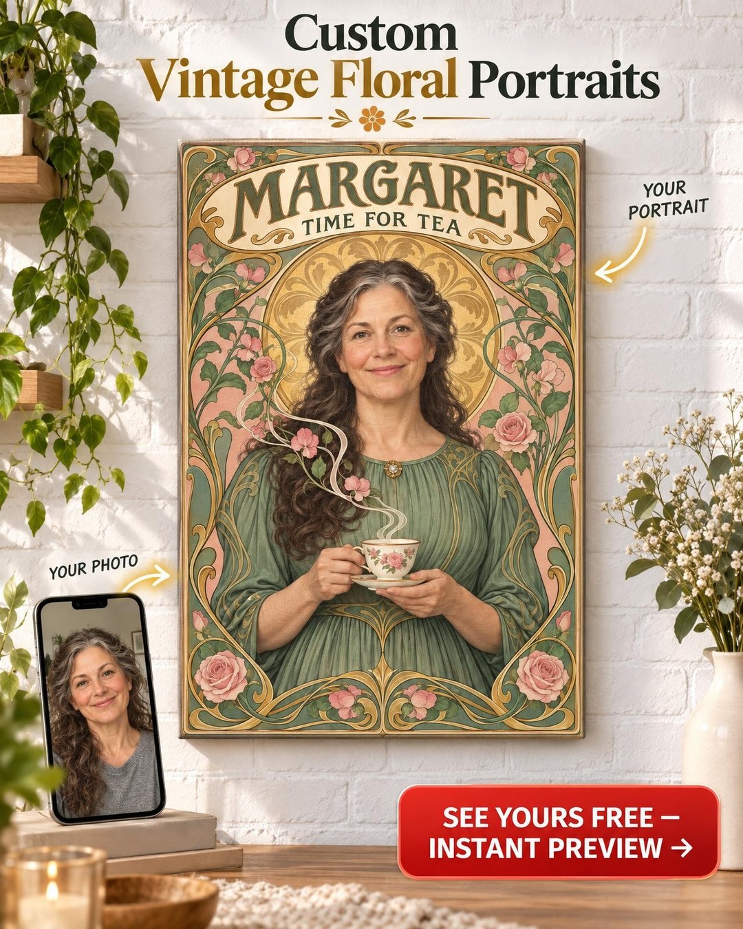 Art Nouveau Tea Time Custom Portrait from Photo | Personalized Tea Lover Gift