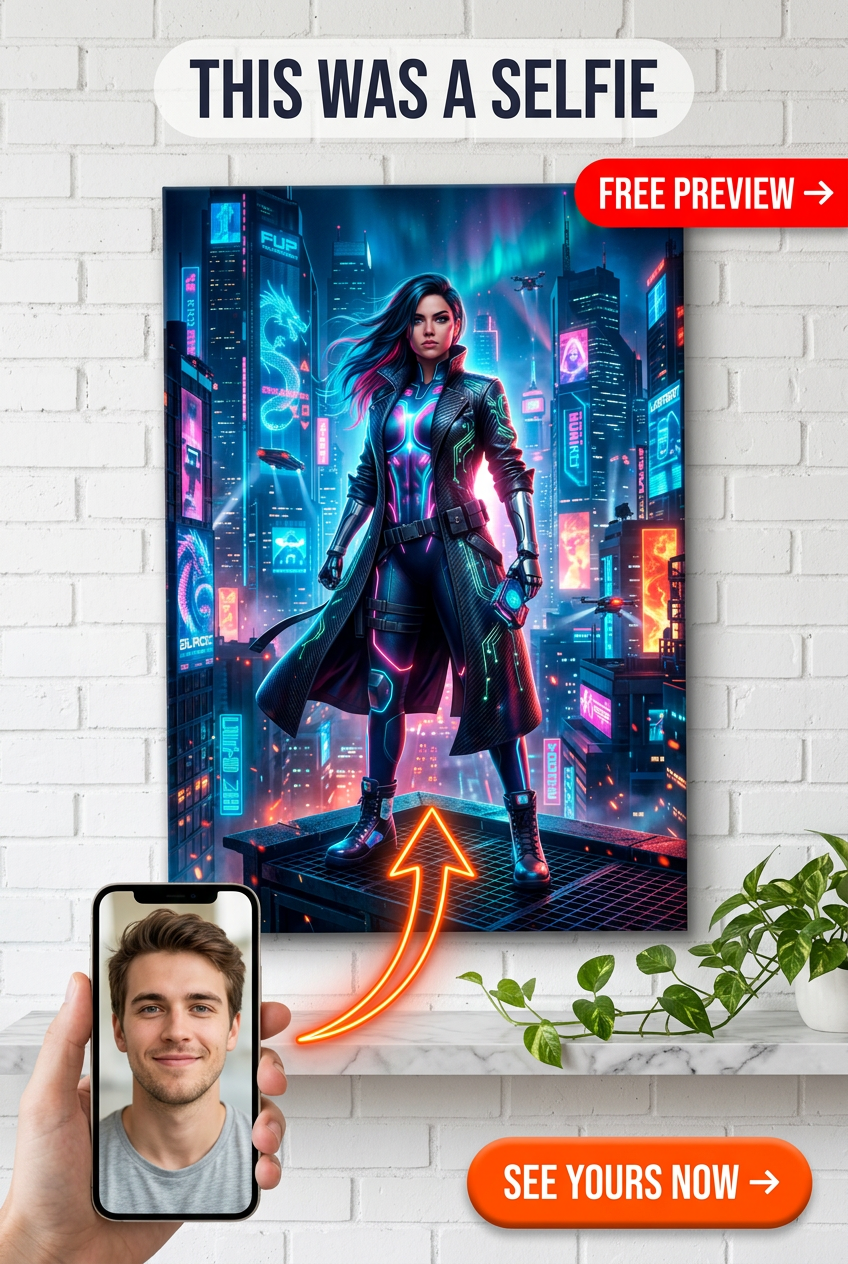 Custom Cyberpunk Man Portrait — Neon Heroic Canvas from Photo