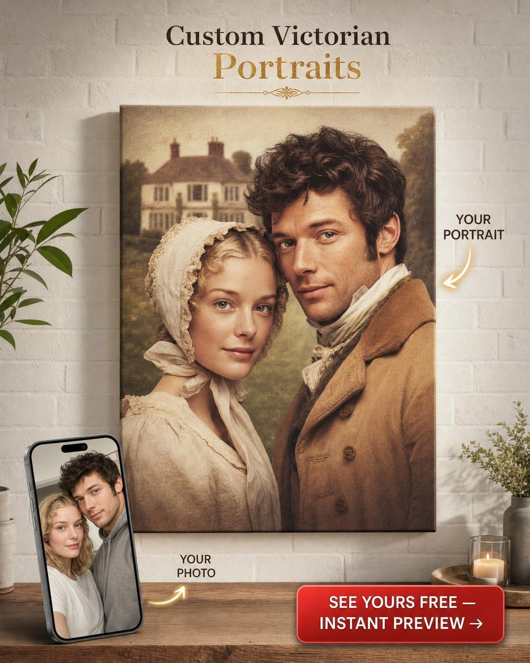 Custom Victorian Couple Portrait — Romantic Historical Canvas from Photo