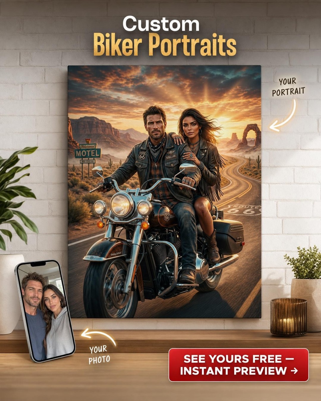 Custom Cowboy Couple Portrait — Motorcycle Canvas