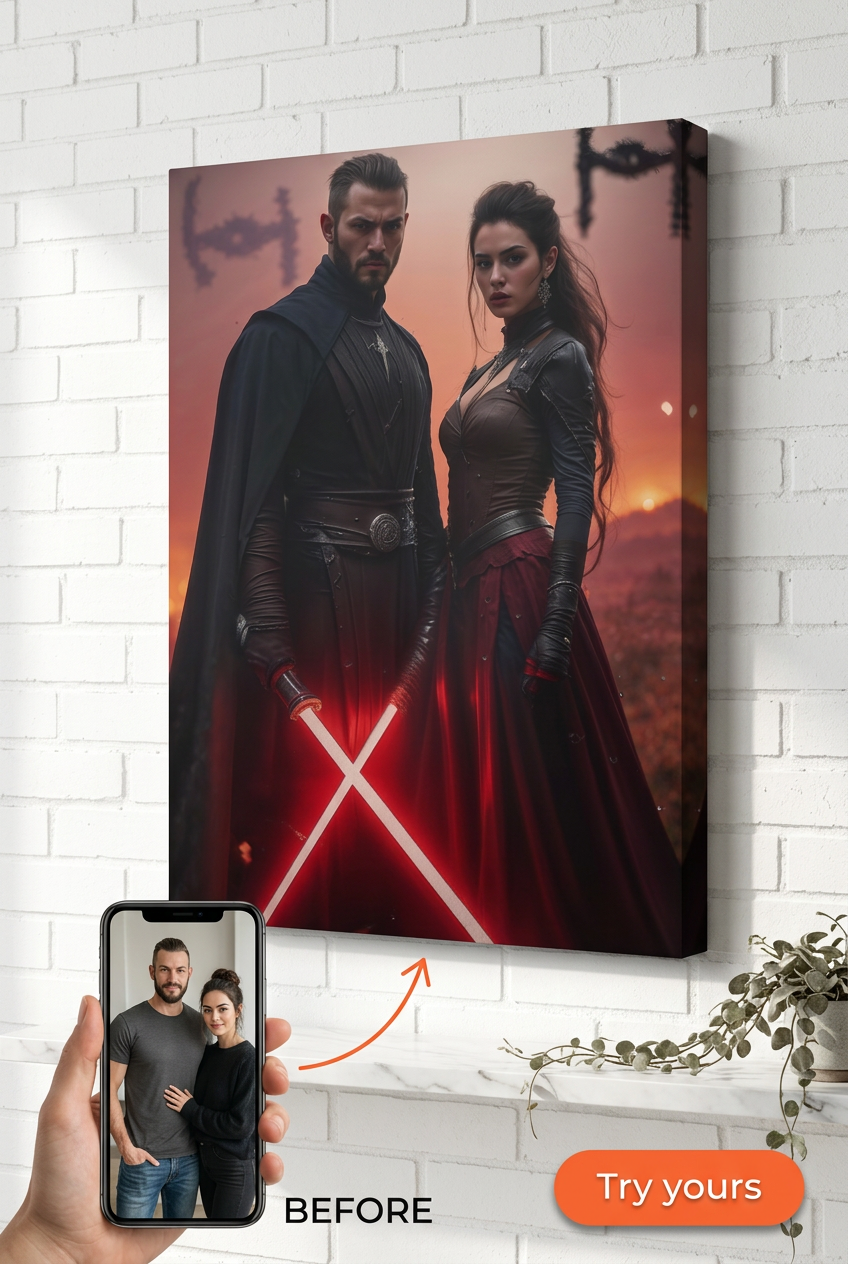 Custom Sci-Fi Couple Portrait — Heroic Lightsaber Canvas