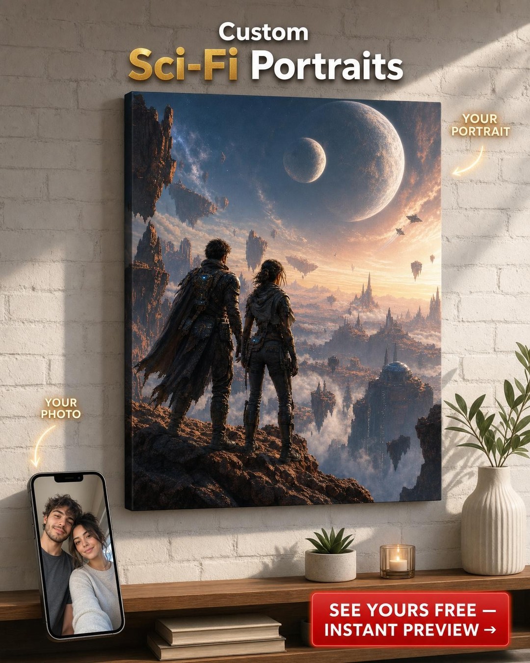 Galactic Explorers Couple Custom Portrait from Photo | Personalized Canvas Gift