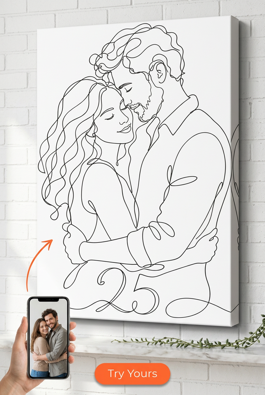 Custom Line Drawing Couple Portrait — Romantic Embrace Canvas