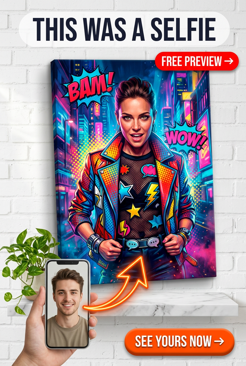 Custom Pop Art Woman Portrait — Neon Cityscape Canvas from Photo