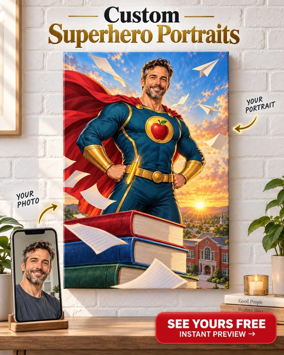 Super Teacher Custom Portrait for Him from Photo | Personalized Teacher Gift