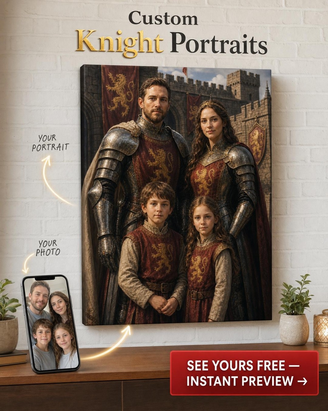 Custom Knight Family Portrait — Regal Armor Canvas from Photo
