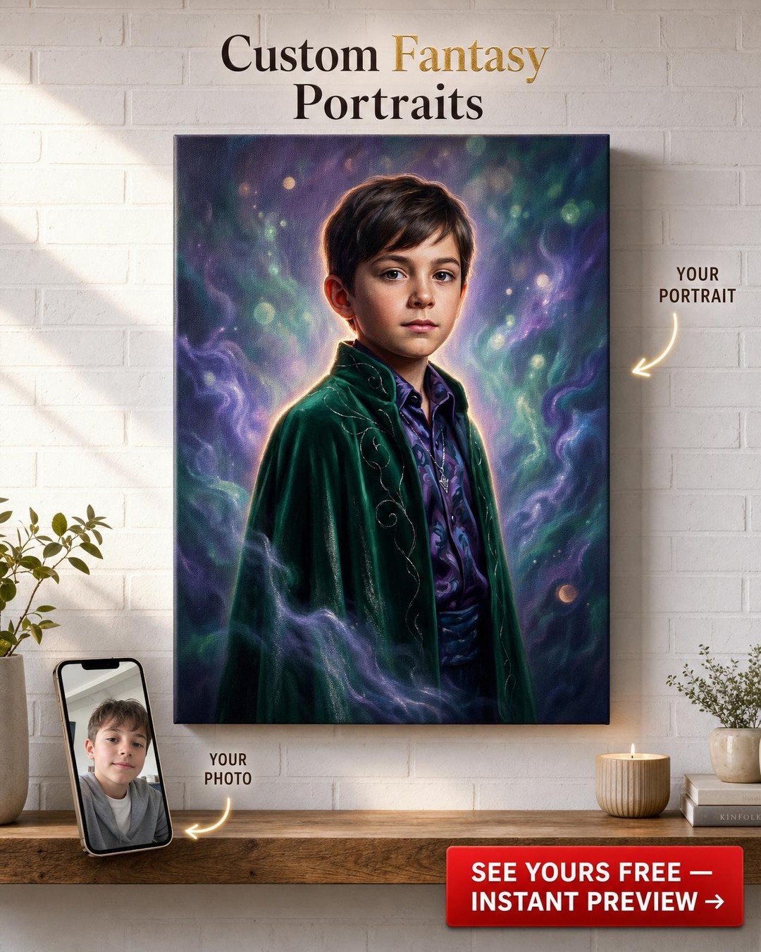 Custom Fantasy Man Portrait — Heroic Cloak & Mystical Canvas
