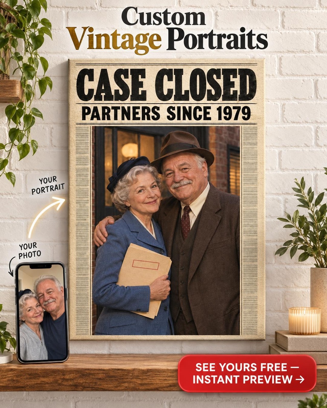 Case Closed Newspaper Couple Custom Portrait from Photo | Personalized Film Noir Gift