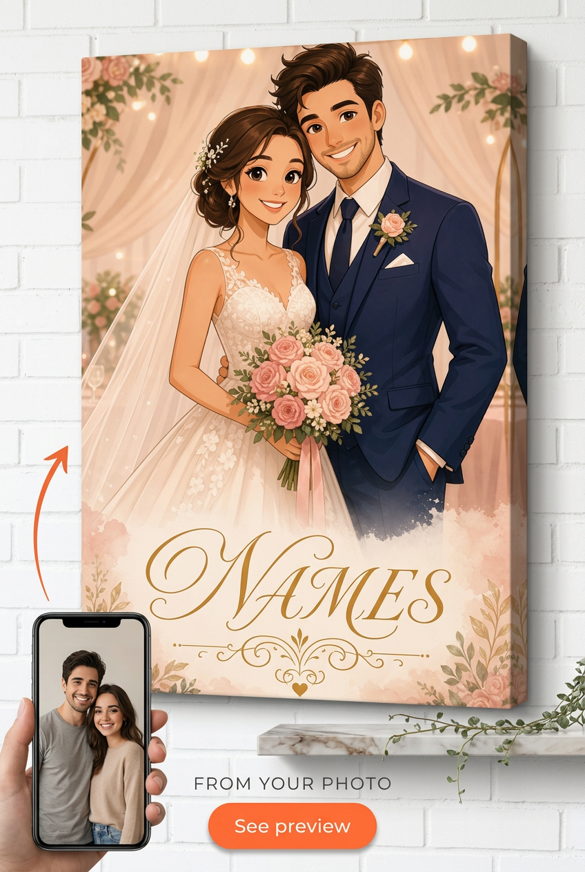 Custom Cartoon Couple Portrait — Romantic Wedding Gift Canvas