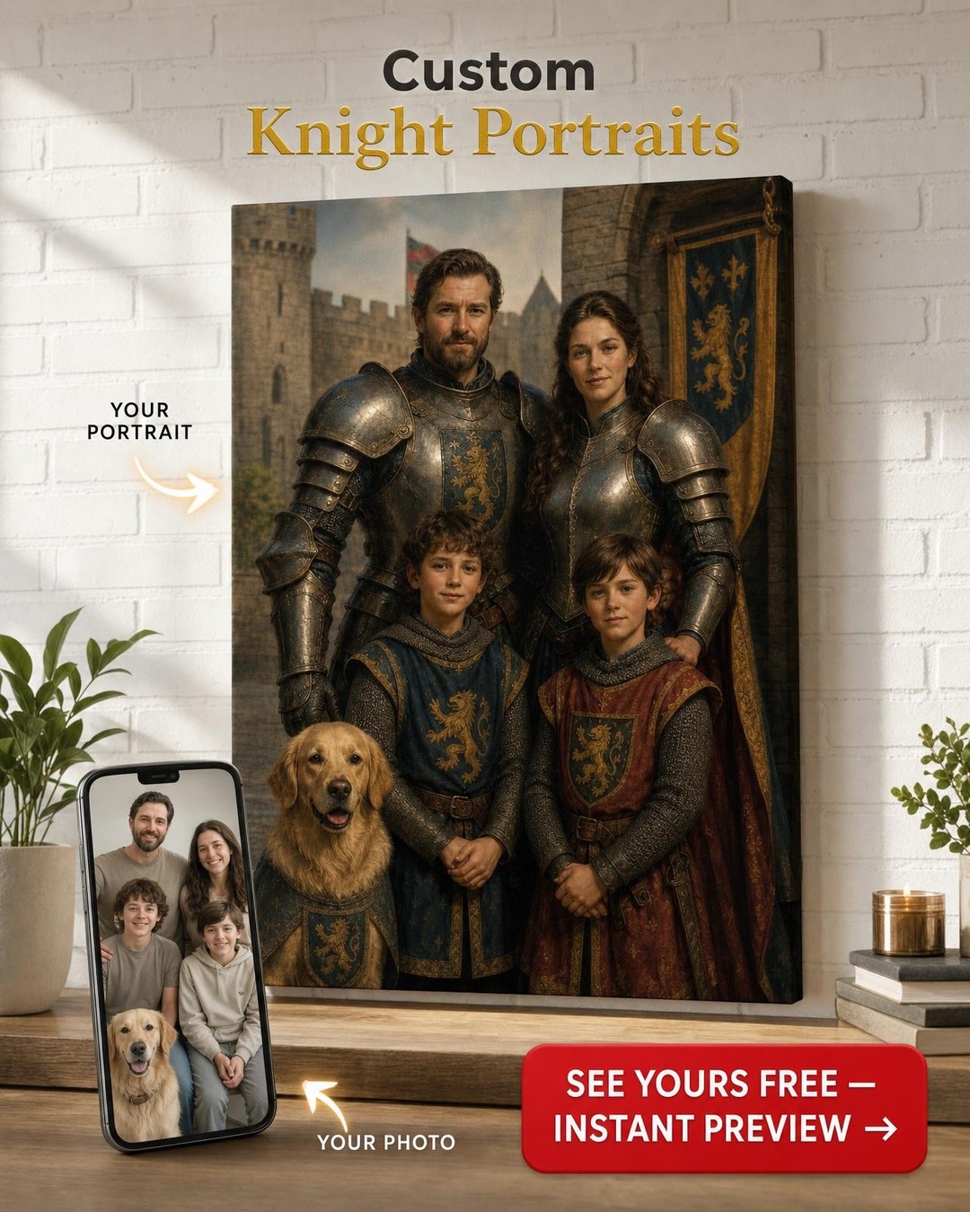 Custom Knight Family Portrait — Regal Armor & Castle Canvas