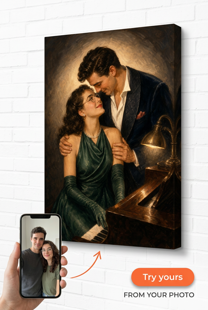 Custom 1940s Hollywood Piano Couple Portrait from Photo | Personalized Gift