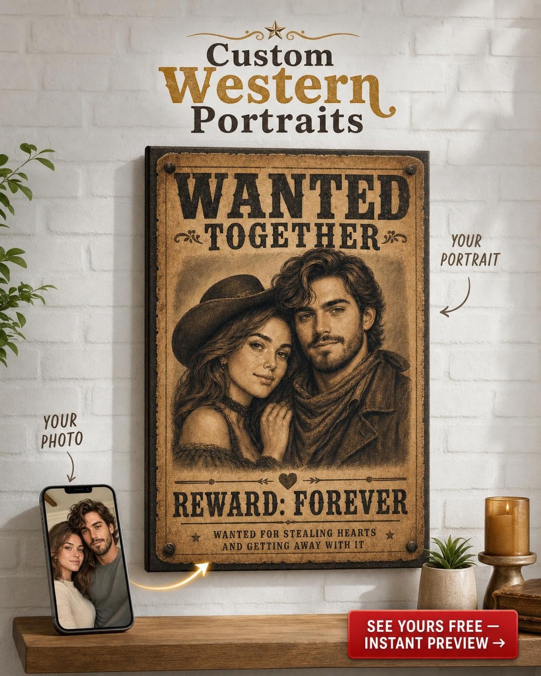 Wanted Together Couple Poster Custom Portrait from Photo | Personalized Canvas Gift