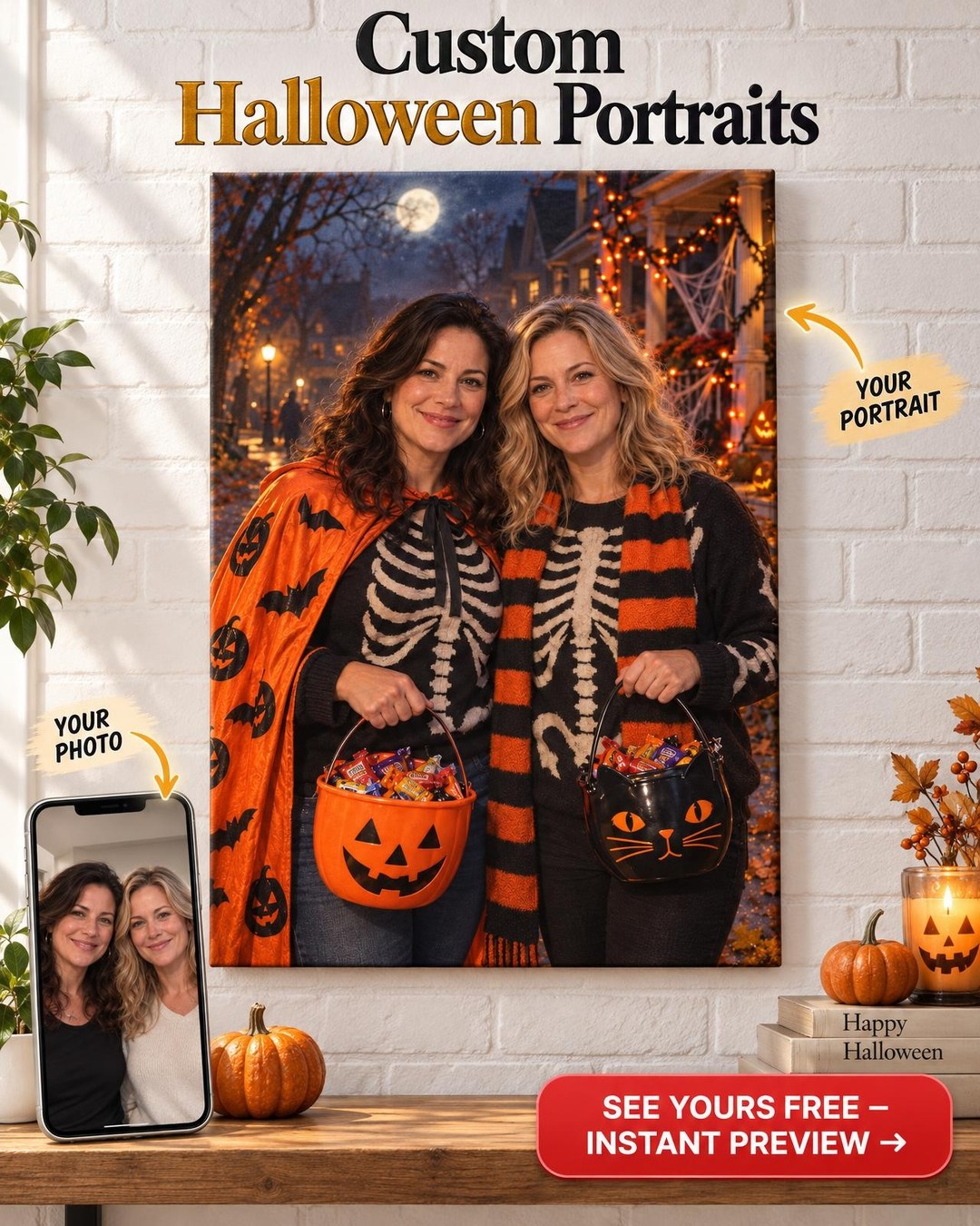 Trick-or-Treat Night Custom Portrait from Photo | Personalized Gift for Two Women