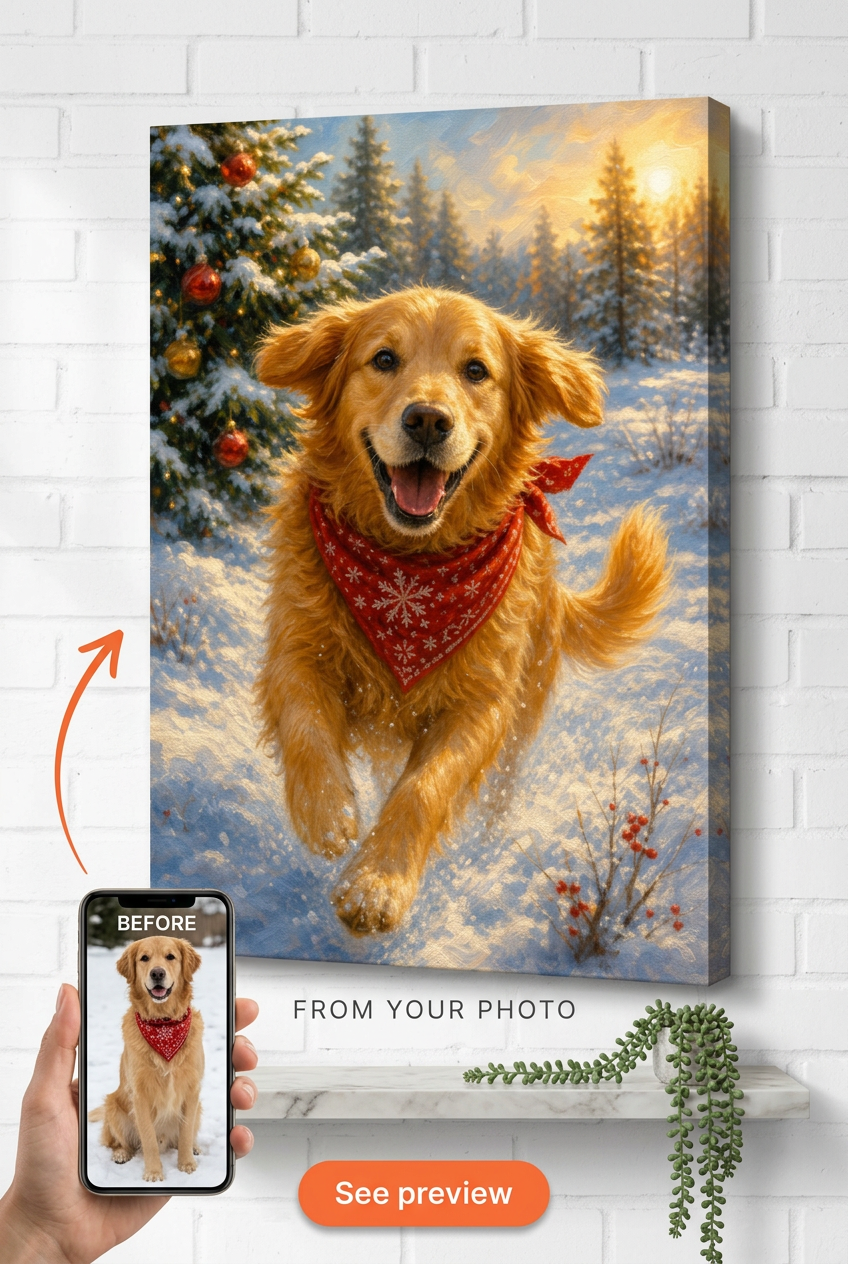 Custom Christmas Dog Portrait — Festive Snow Scene Canvas