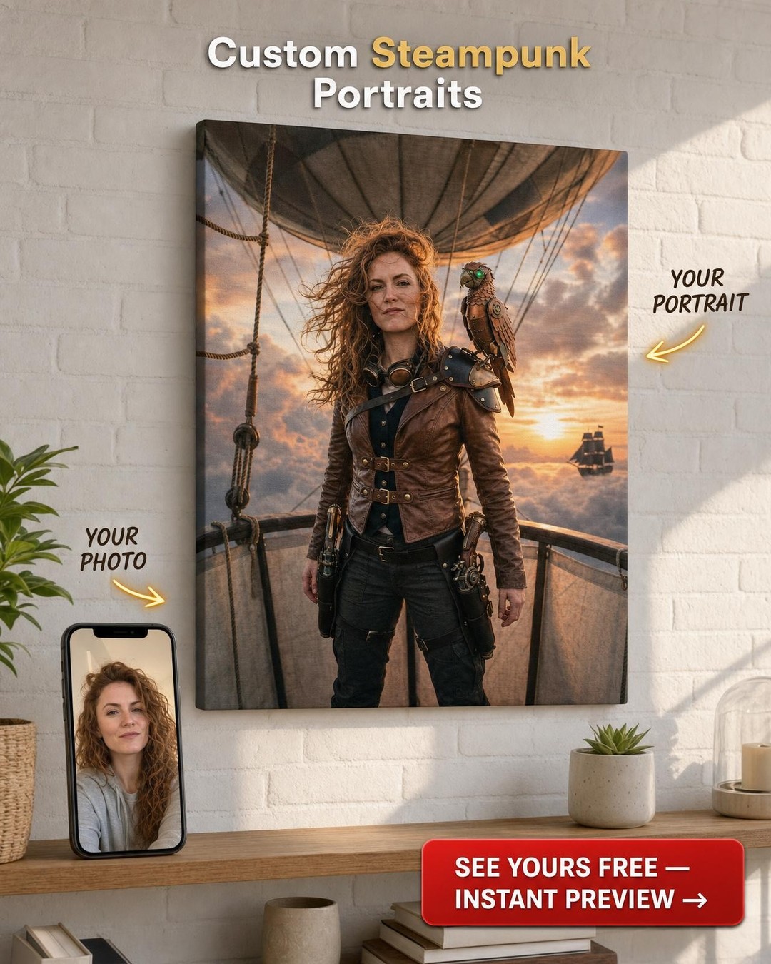 Custom Steampunk Woman Portrait — Heroic Sky Pirate Canvas